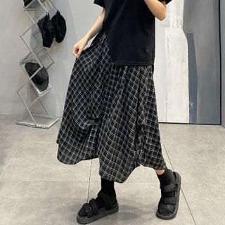 Irregular Plaid Midi A-line Skirt White & Black - One Size