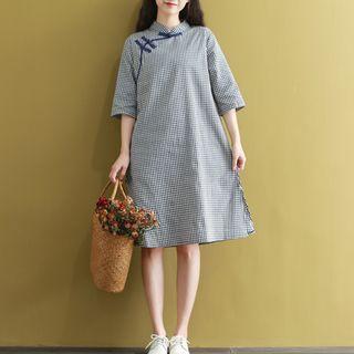 Stand Collar Frog Button Elbow-sleeve Qipao Dress