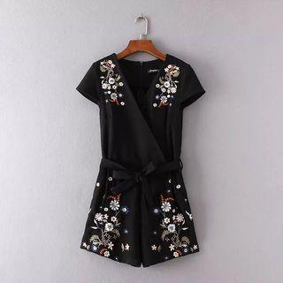 V-neck Embroidered Short-sleeve Playsuit
