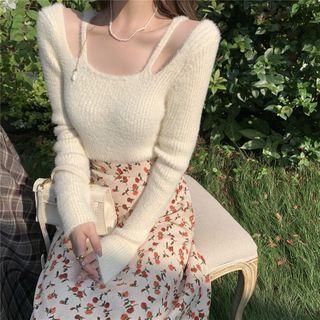 Cut-out Sweater / Flower Print Midi A-line Skirt