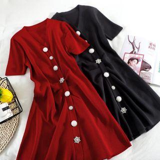 Short-sleeve Rhinestone A-line Knit Dress