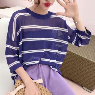 Striped 3/4-sleeve T-shirt / Drawstring Waist Shorts