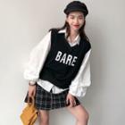 Lettering Vest / Plain Puff-sleeve Loose-fit Shirt / Check Skirt