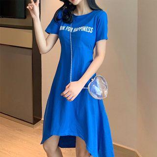Lettering Short-sleeve A-line Midi Dress Blue - One Size