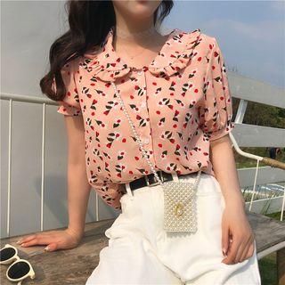 Ruffle Trim Short-sleeve Floral Blouse Shirt - One Size