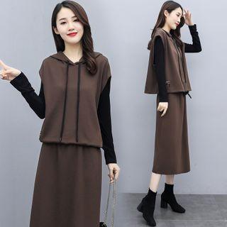 Set: Plain Sleeveless Hoodie + Midi Skirt + Long-sleeve T-shirt