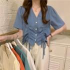 Short Sleeve V Neck Drawstring Shirt Beige - One Size