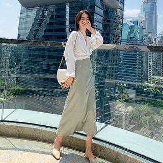 V-neck Knotted Chiffon Top + High-waist A-line Skirt