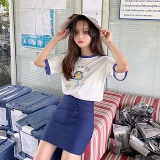 Flower Print Short-sleeve T-shirt / High Waist Mini A-line Skirt