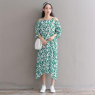 3/4-sleeve Leaf Print Midi Dress