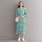 3/4-sleeve Leaf Print Midi Dress