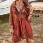 Short-sleeve V-neck Perforated Mini A-line Dress