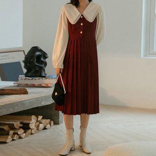 Crochet-lace Trim Collar Pleated Midi Dress