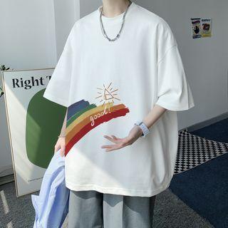 Elbow-sleeve Rainbow Print Lettering T-shirt