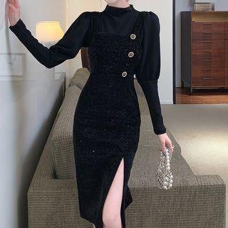 Puff-sleeve Blouse / Glitter Overall Dress / Set