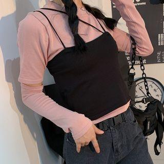 Set: Asymmetric Camisole Top + Plain Cutoff Sleeve T-shirt Black - One Size