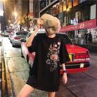 Elbow-sleeve Floral Embroidery Oversized T-shirt