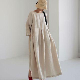 Long-sleeve A-line Midi Linen Dress