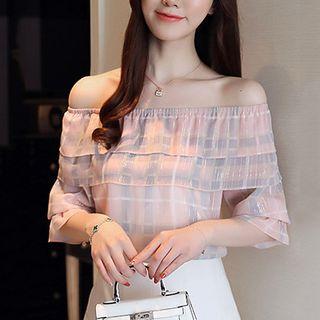 Tiered Elbow-sleeve Off-shoulder Plaid Chiffon Top