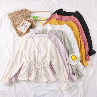 Ruffled-trim Dotted V-neck Blouse