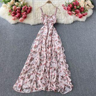 Print Suspender Chiffon Dress