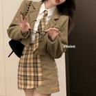 Cropped Single-breasted Blazer / Shirt / Plaid Tie / Mini Pencil Skirt