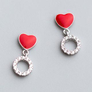 925 Sterling Silver Rhinestone Mini Hoop & Heart Dangle Earring