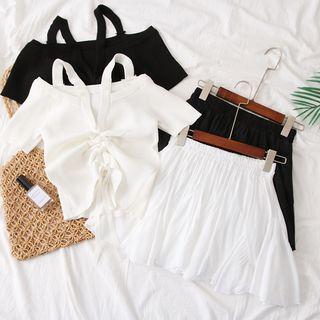 Set: Off-shoulder Drawstring Top + Pleated Mini Skirt