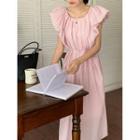 Puff-sleeve Round-neck Ruched Dress Pink - One Size