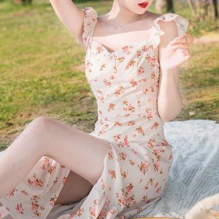 Ruffle Strap Floral Print Midi Bodycon Dress