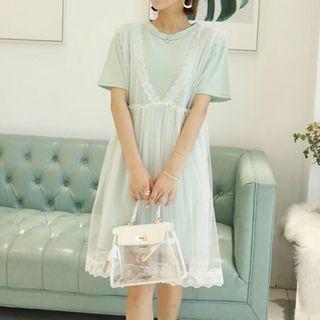 Set: Striped Short-sleeve T-shirt Dress + Mesh Pinafore Dress