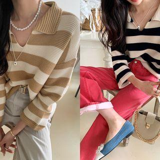 Collared Drop-shoulder Stripe Knit Top