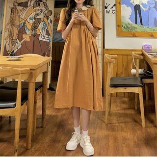 Short-sleeve Collar Midi A-line Dress Orange - One Size
