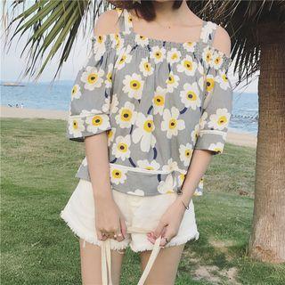 Floral Print Open Shoulder Elbow-sleeve Top