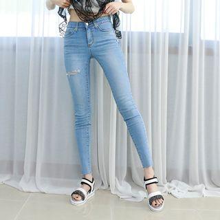 Petite - Hidden-band Washed Skinny Jeans