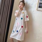 Elbow-sleeve Embroidered Heart Knit Polo Dress