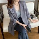 Set: Plain Open Front Blazer + Lace Trim Camisole Top + High-waist Wide-leg Pants