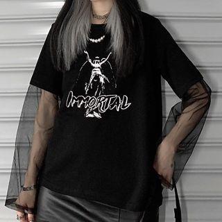 Long-sleeve Mesh Panel Print T-shirt