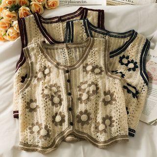 Flower-embroidered Stripe-trim Button-up Knit Vest
