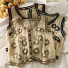 Flower-embroidered Stripe-trim Button-up Knit Vest