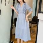 Frilled Trim Dot Print V-neck Bell Sleeve A-line Dress