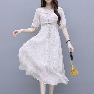 Flower Print Drawstring Elbow-sleeve Midi A-line Dress