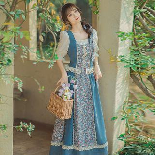 Set: Puff-sleeve Floral Print Paneled Midi A-line Dress + Scarf