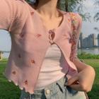 Flower Embroidered 3/4-sleeve Cropped Cardigan