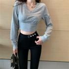 Long-sleeve V-neck Crop Top Gray - One Size