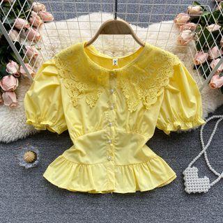 Lace Large Lapel Puff-sleeve Top