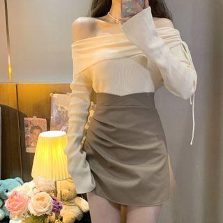 Long-sleeve Off-shoulder Drawstring Top / Mini Pencil Skirt