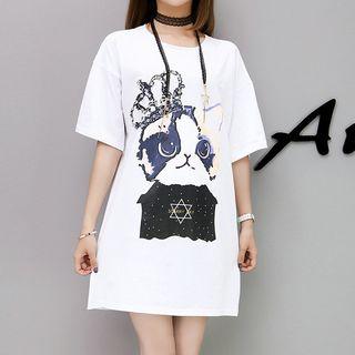 Cat Print Elbow Sleeve T-shirt Dress