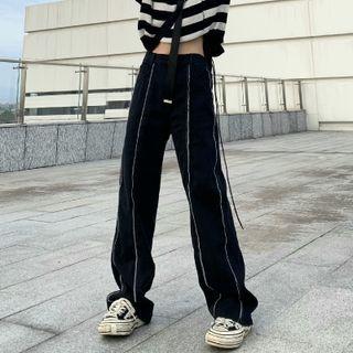 Contrast Stitched Mid Waist Wide Leg Jeans