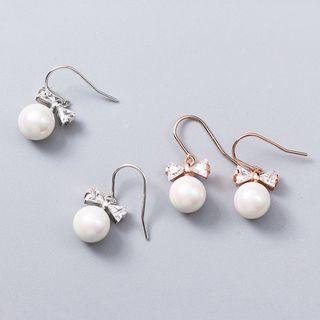 925 Sterling Silver Rhinestone Bow Faux Pearl Dangle Earring